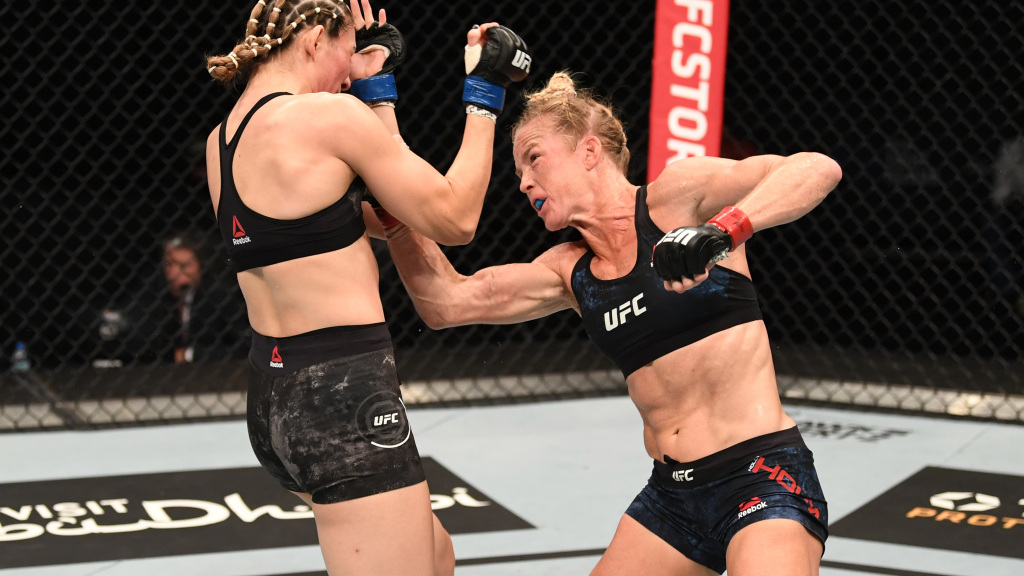 ABU DHABI, UNITED ARAB EMIRATES - OCTOBER 04:  (R-L) Holly Holm punches Irene Aldana of Mexico in their women's bantamweight bout during the UFC Fight Night event inside Flash Forum on UFC Fight Island on October 04, 2020 in Abu Dhabi, United Arab Emirates. (Photo by Josh Hedges/Zuffa LLC)